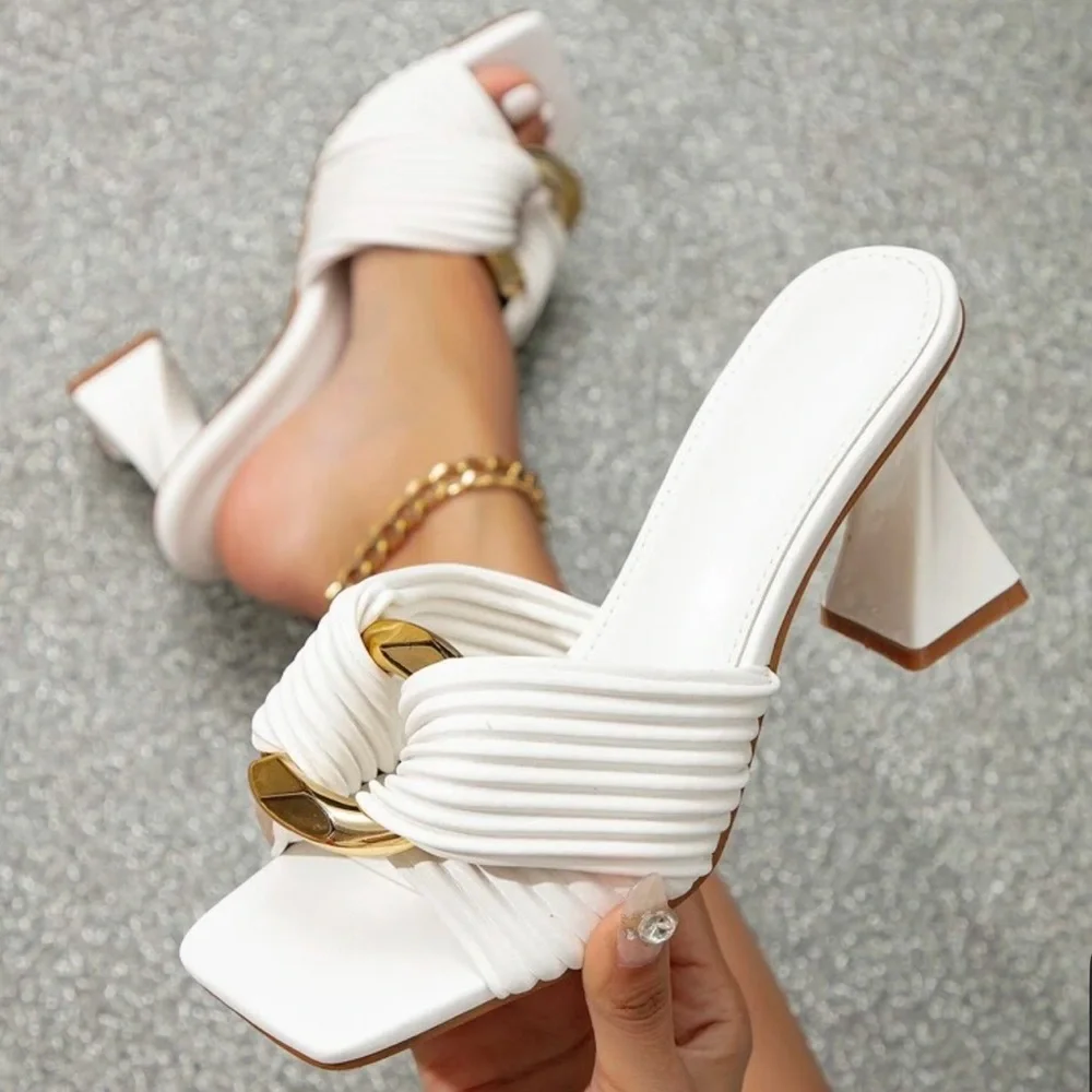 Elegant Women's White Sculptural Heeled Ruched Metal Design Sandals Fashion Mule